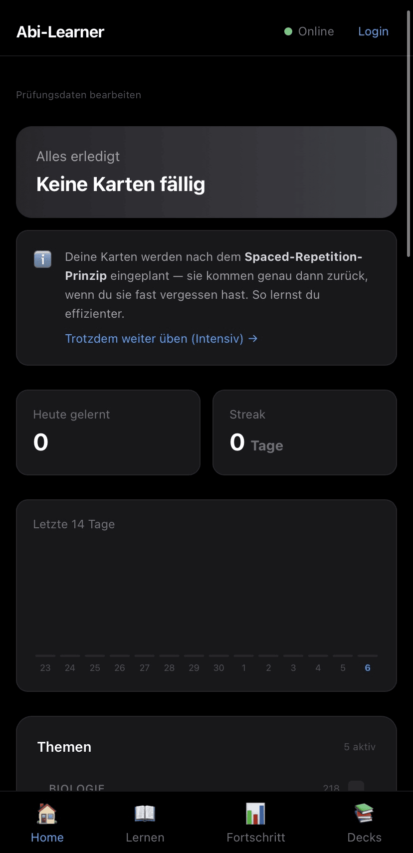 ABiLearner home screen: 'Keine Karten fällig' due-card banner, Spaced-Repetition explainer, Heute gelernt / Streak stats, and a 14-day activity strip.