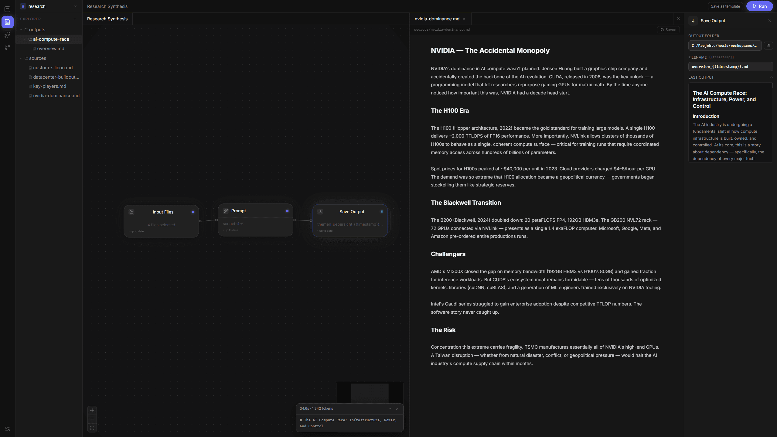 Hexis workspace: node canvas with Input Files → Prompt → Save Output flow, sidebar of source markdown files, right pane rendering the generated research overview.