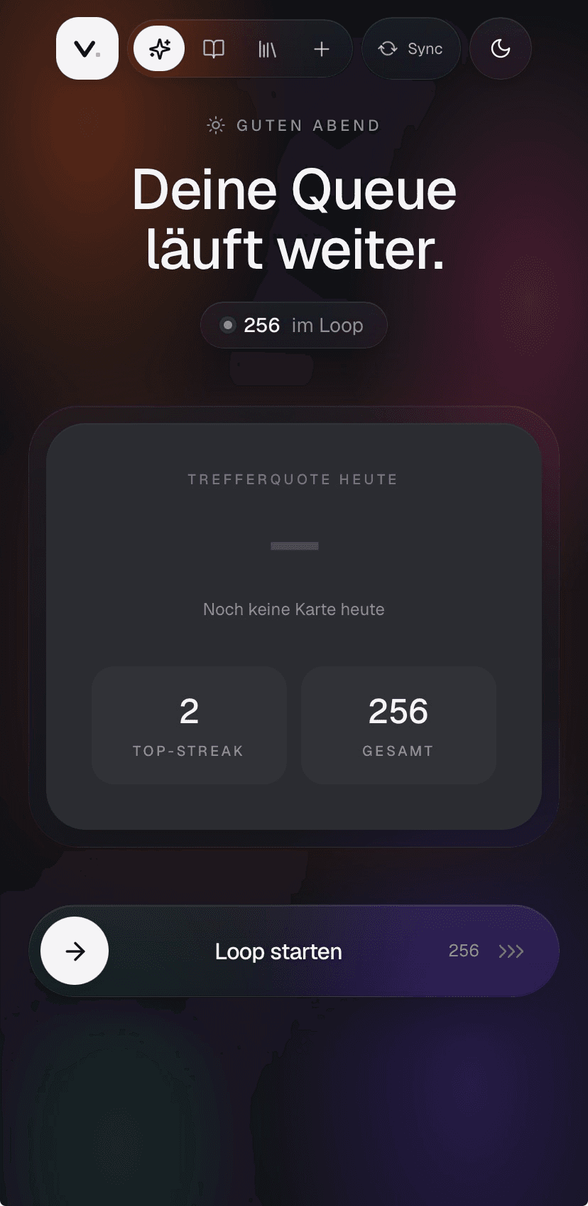 Vocap home screen on mobile: 'Deine Queue läuft weiter – 256 im Loop', with today's hit-rate card and a Loop starten button.